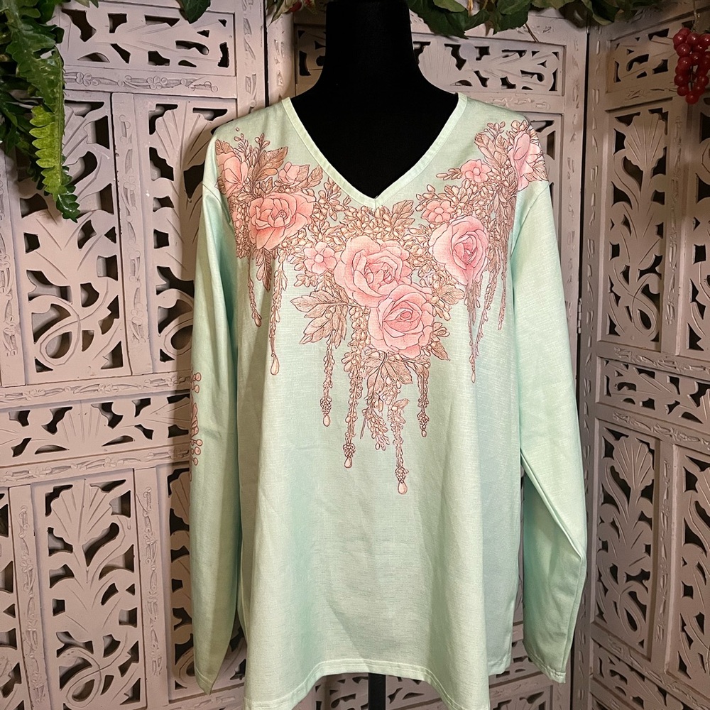 PERFECTLY PRETTY LIGHT MINT GREEN WITH PINK FLOWERS & TENDRILS LONG SLEEVE TOP